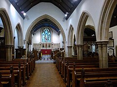 Interior looking east towards the chancel Interior of St Isan's Church. Llanishen, Cardiff.jpg