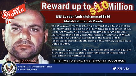 Rewards for Justice Program's bounty flyer offering 10 million dollars for information about al-Qurashi[3]