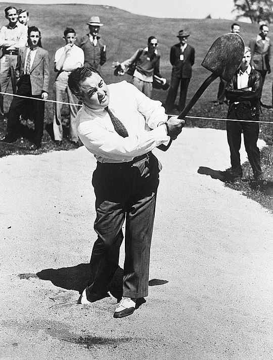 In 1939 Montague won a one-hole golf match against Bing Crosby, using a shovel, a baseball bat, and a rake instead of golf clubs John Montague 1939.jpg