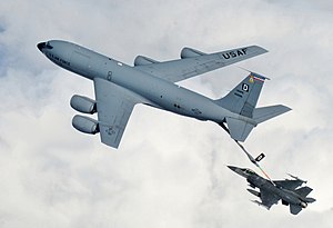 A KC-135 Stratotanker refuels an F-16 Fighting Falcon using a flying boom KC-135 refuels an F-16 Fighting Falcon.jpg