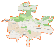 Mapa konturowa gminy Kampinos, po prawej nieco u góry znajduje się punkt z opisem „Pożary”
