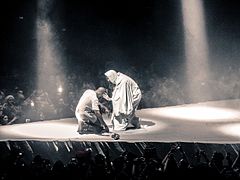 Kanye West preparing to perform "Jesus Walks" at Air Canada Centre on December 23, 2013, in Toronto, Canada on the Yeezus Tour. Kanye West Yeezus Tour Toronto 3.jpg