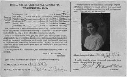Kate T. Zeis, photo for U.S. Civil Service Commission card – NARA – 285491