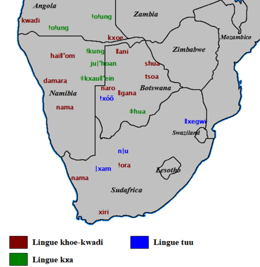 Oorspronkelijke verspreiding van de individuele Khoisantalen in het zuiden van Afrika