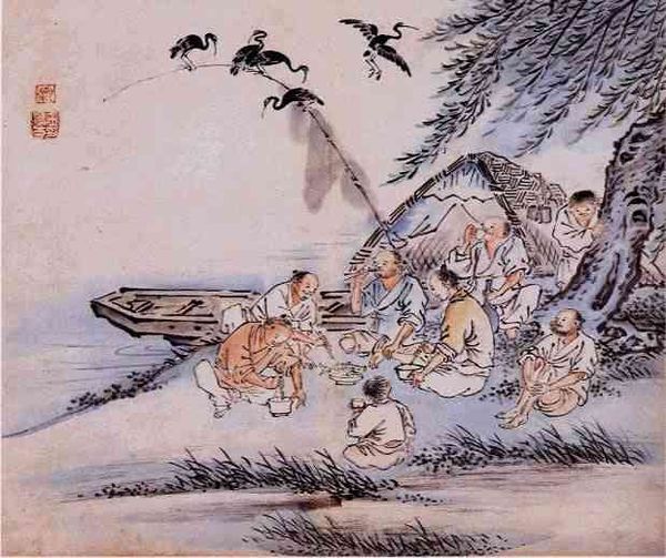 Gangbyeon hoeeum (lit. 'Eating hoe at riverside') drawn by Kim Deuk-sin (1754‒1822) depicts Korean people gathered to eat saengseon-hoe (raw fish dish