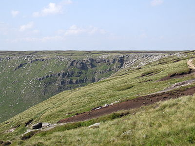 The rugged moorland edge of the southern Pennines at Kinder Downfall