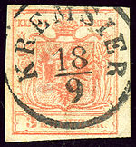 Briefmarke der österreichischen Wappenausgabe 1850 mit Ortsstempel von Kremsier