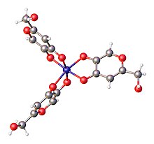 Structure of the coordination complex Fe(kojate)3. Color code: red = O, gray = C, dark blue = Fe, white = H. LAJREV.jpg