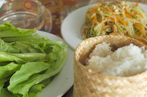 Lao sticky rice and papaya salad