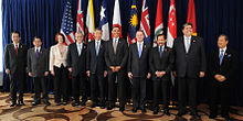 Gillard (3rd from left) attending a meeting of Trans-Pacific Partnership member state leaders Leaders of TPP member states.jpg