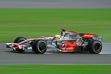 Hamilton won by over a minute from second-placed Nick Heidfeld at the 2008 British Grand Prix. Lewis Hamilton 2008 Britain 6.jpg