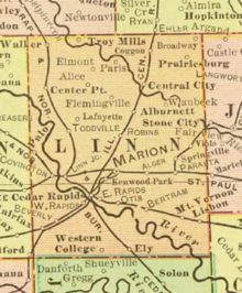 Lafayette in north-central Linn County, Iowa, in 1902 Linn County, Iowa - 1902 Cram's Modern Atlas.png