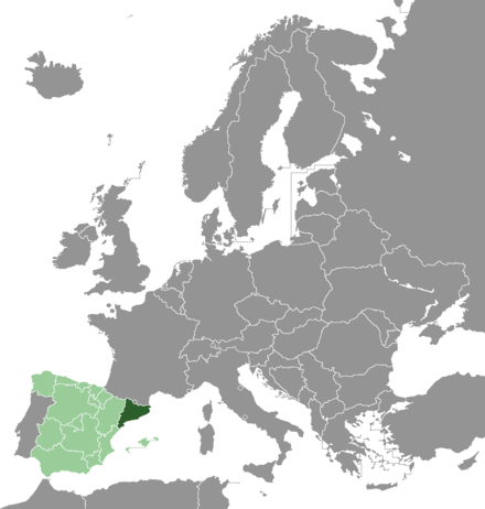 Location of Catalonia in Spain and Europe. The majority of the Catalan territory is part of the Mediterranean Basin, and its cuisine mainly belongs to the culinary tradition of this area.