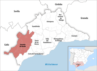 Die Lage der Comarca Serranía de Ronda in der Provinz Málaga
