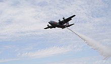 View of a MAFFS II drop from a C-130J by the 153rd Airlift Wing during MAFFS training at Gowen Field, Boise, Idaho, April 27, 2022 MAFFS II Drop 153rd Airlift Wing.jpg