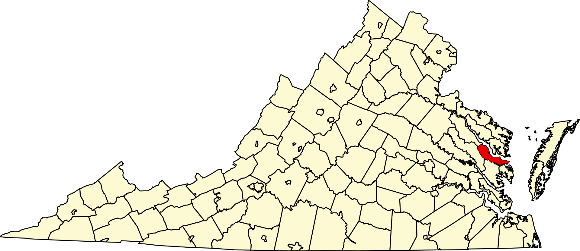 Map of Virginia highlighting Middlesex County