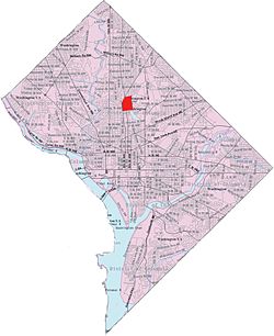 Kart over Washington, DC, med Park View markert med rødt