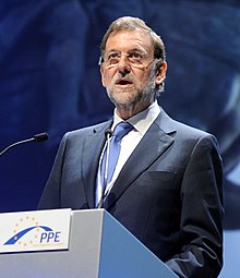 Mariano Rajoy addresses the convention of the European People's Party on December 8, 2011, after his electoral victory and a few days before being invested president of the government. Mariano Rajoy (diciembre de 2011).jpg