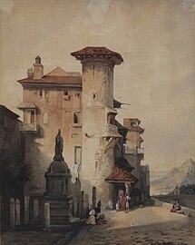 Place de village italien, 1850 (aquarelle ; 31 × 24,5 cm), Liège, musée de la Vie wallonne.