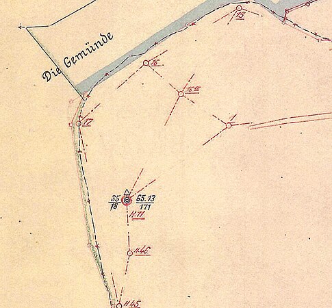 Auszug aus einer historischen Ergänzungskarte 36A von 1913 für die Gemarkung Pichelswerder in Berlin-Spandau mit Darstellung eines Marksteinschutzflächenflurstücks (35/18)