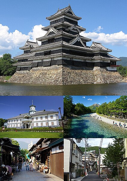 From top (left to right): Matsumoto Castle, A heritage building of Kaichi School, A view of Kamikōchi, Mount Yake and Azusa creek, Nawate souvenir sho