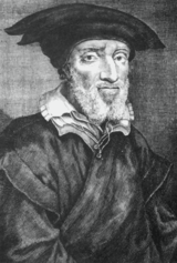 Dipinto in bianco e nero di un uomo barbuto con cappello e abito del XVI secolo