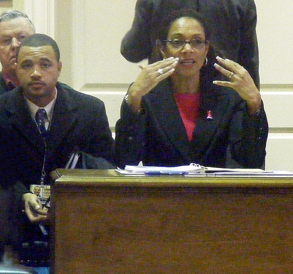 Mayor Sheila Dixon addressing Baltimore's Annapolis delegation on two Baltimore City gun related bills.