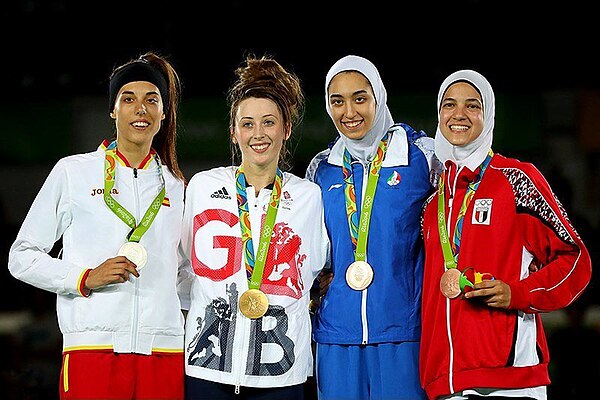 Medalists at the women's 57 kg taekwondo. Great Britain's Jade Jones (second from left) successfully defended her title