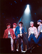 Jackson (center) performing a dance sequence of "The Way You Make Me Feel" at the Bad World Tour in 1988 Michaeljacksonphoto drewcohen.JPG