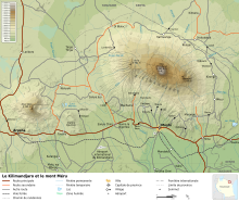 Map of Mount Kilimanjaro with Mweka and Moshi south from the peak Mount Kilimanjaro and Mount Meru map-fr.svg