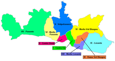 The Medio Ponente (municipio) administrative district is the westernmost of the yellow areas. Municipi di Genova.png