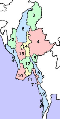 Mapa político de Birmania. Con el número 4, el Estado Shan.