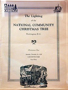 Program for the 1938 tree lighting ceremony, which marked the last time the National Christmas Tree ceremony was held in Lafayette Park. National Community Christmas Tree Lighting Ceremony Program 1938.jpg