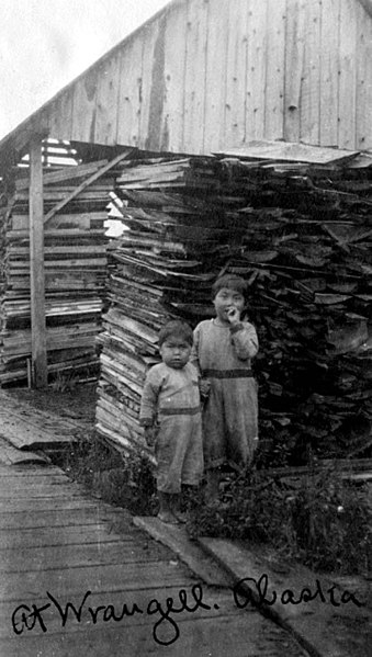 File:Native children in front of stacks of cordwood, Wrangell, Alaska, circa 1905 (AL+CA 6726).jpg