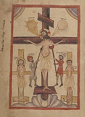 A Nestorian "Crucifixion of Jesus", illustration from the Nestorian Evangelion, 16th century.