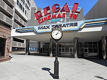 Electrictime clock in front of IMAX Theater NewRocCity; Regal Cinema 18 and Streetclock.jpg