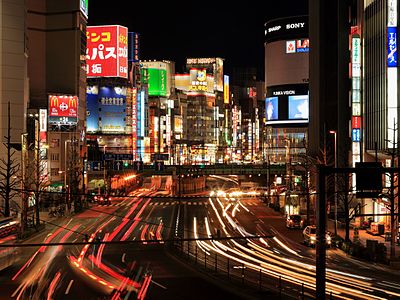 Another take on bustling Shinjuku, Tokyo, at night. An exposure time of 3 seconds caused light trails that, at least in my eyes, create dynamic verticals leading the viewer into the vivid, colorful center of the image.