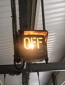 An old style incandescent "OFF" indicator at Brockenhurst, Hampshire OFF indicator front Brockenhurst.jpg