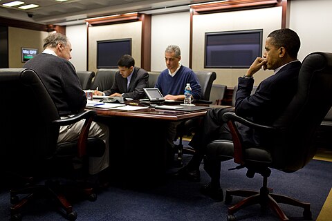 US President Barack Obama holds a conference call from the Situation Room of the White House concerning the February earthquake.