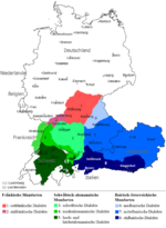 Upper German and the southern counterpart to Central German both form the High German languages, while the Austro-Bavarian dialects are in blue Oberdeutsche Mundarten.png