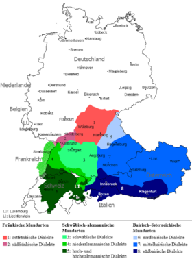 Carte (en allemand) des différents dialectes de type allemand supérieur.