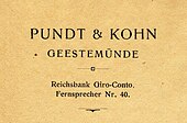 Briefkopf der Firma 'Pundt & Kohn', 1930er Jahre