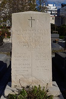 The tombstone at the grave of Alick-Maud Pledge, in Père Lachaise Cemetery in Paris. (Other names on the stone are Eugène Marcault, Marie Marcault Debrot, Yvette Couturier, and Léo Debrot.)