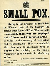 1919 Notice issued by the British General Post Office encouraging postal staff to apply for the free vaccination PO Notice 1919 re Small Pox Vaccination.jpg
