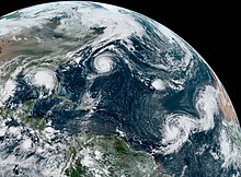 A satellite image of the five tropical cyclones that were active in the Atlantic Ocean on September 14, 2020.