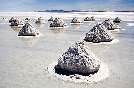 Salt harvesting in Salar de Uyuni, Bolivia, the world's largest salt flat