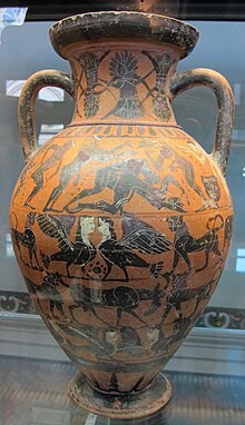 At the centre of the image is pederastic anal sex between two males. At the far left is a pederastic scene between two males. Tyrrhenian amphora. Around 565 - 550 BCE Pittore guglielmi del gruppo tirrenico, anfora con scene erotiche e dionisiache, 565-550 ac. ca. 01 da necrop. crocif. del tufo, orvieto.JPG