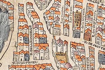 La place et l'église Saint-André-des-Arts dans le plan de Truschet et Hoyau (vers 1550).