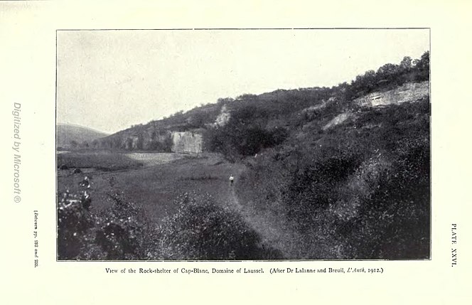 View of the Rock-shelter of Cap-Blanc, Domaine de Laussel. (After Dr Lalanne and Breuil, L'Anth, 1912.) [Between pp. 232 and 233.