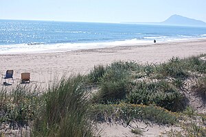 Playa Daimús y macizo del Montgó al fondo.jpg